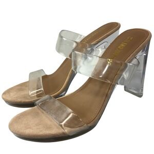 Dream Pairs Women Size 8.5 Clear Strap Block Heels Mules Beige Suede